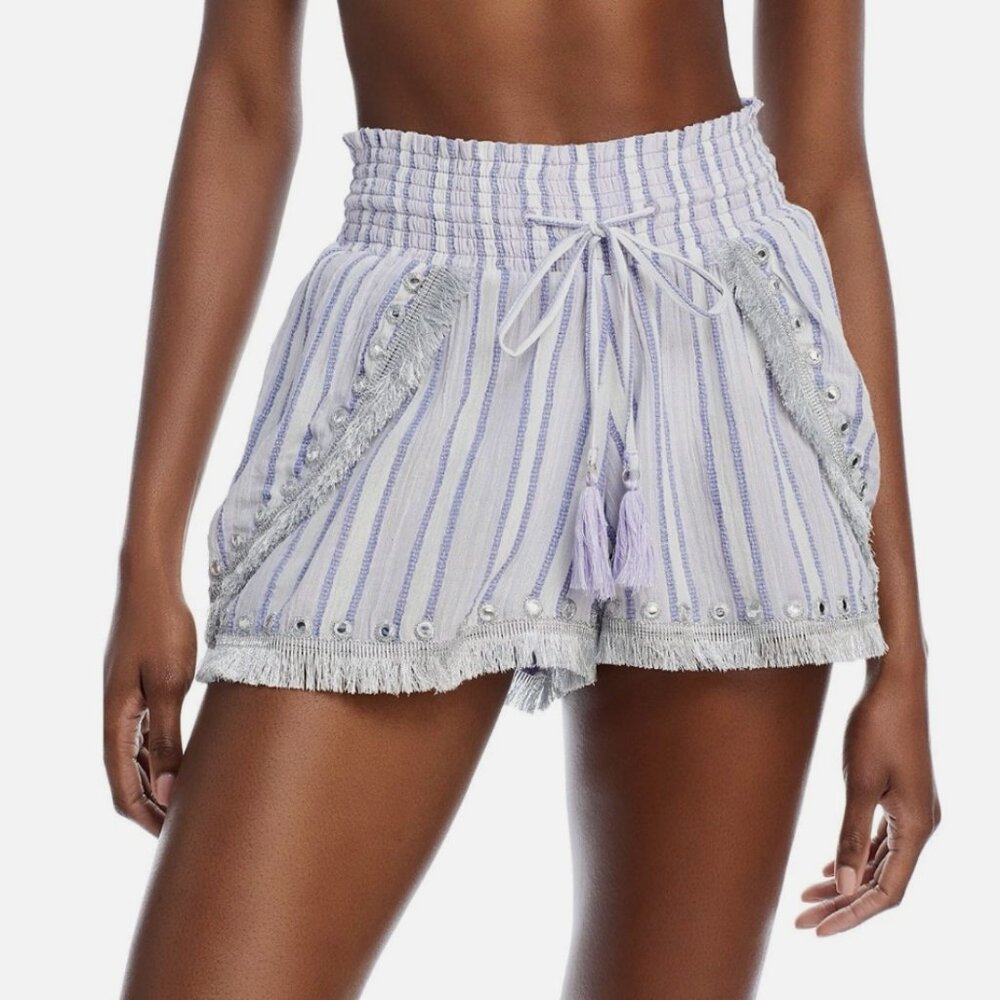 Ramy Brook Sydney Striped Fringe Shorts XS NWT Boho Coastal Resort Blue White‎